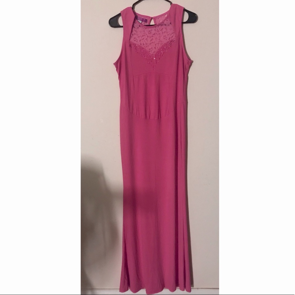 Size Large Pink Sleeveless Maxi Dress w/ Gems and Lace